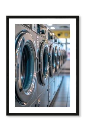 Row of washing machines in a public laundromat, suitable for use as background or decorative element