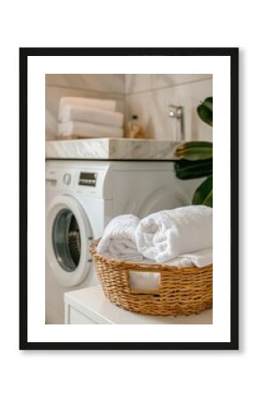 A white washing machine with clothes, placed either in the kitchen or laundry room