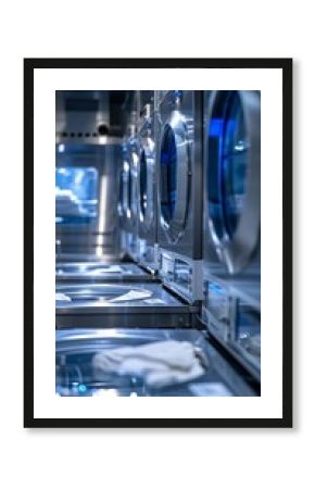 Row of modern washing machines in a laundromat.