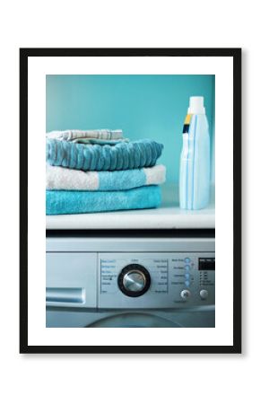 Home, towel and washing machine with fabric bottle, cleaning and hygiene for house maintenance. Housekeeping, front loader and cotton and apartment appliance, detergent and laundry or liquid softener
