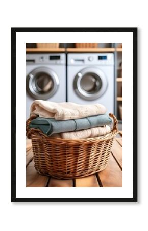 clean laundry basket on wooden background in room. space for text