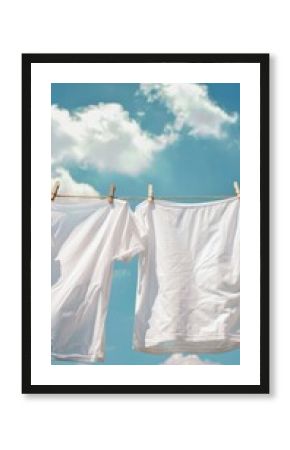 White t-shirts drying on a clothesline against blue sky with clouds, natural laundry concept