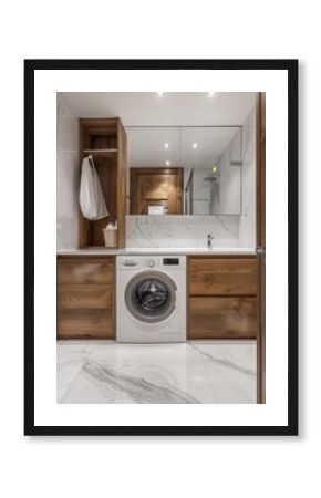 Modern laundry room with washing machine and wooden cabinets. 