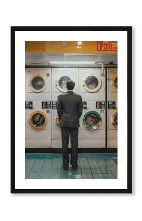 A person in a business suit, doing laundry in a public laundromat