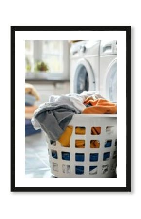 A laundry basket overflows with colorful clothes in a bright, modern laundry room