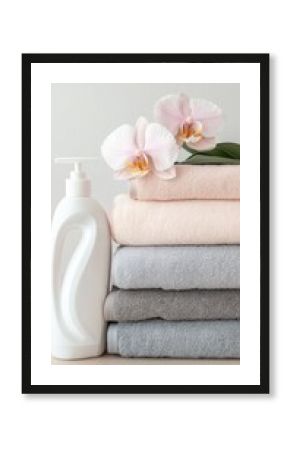 A serene laundry corner features neatly stacked towels, colorful detergent bottles, and an orchid, creating a calming aesthetic for laundry day