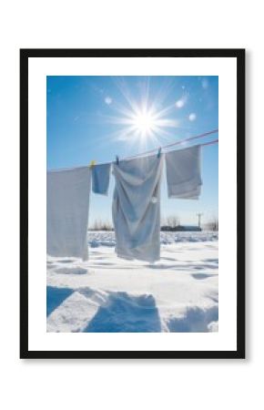 Freshly laundered clothes hanging on a line under a bright sun in a snowy landscape, evoking a sense of cleanliness and winter charm.