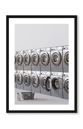 Row of washing machines, public laundry concept. Vertical picture with copy space. Commercial cleaning service. Laundromat. Shared amenities. Self-service, coin laundry, or coin wash. 3D render.