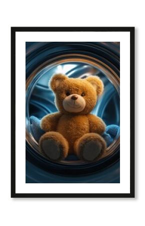 Teddy bear toy sitting in washing machine, children's toy cleaning, home cleaning and hygiene, laundry service, dry cleaners advertising, children's health, home cleaning products advertising