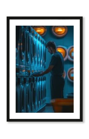 a man is standing in front of a laundry machine