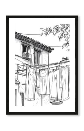 Line art illustration featuring laundry hanging between two houses