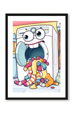 A cartoon washing machine happily eats a pile of colorful socks, perfect for laundry or housework designs