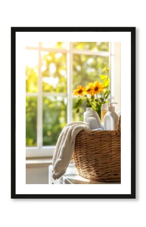 A sunny laundry room with a wicker basket filled with cleaning supplies, towels, and a bouquet of sunflowers by the window.