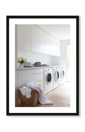 This contemporary laundry room features efficient built-in machines, stylish cabinets, and a nearby basket filled with freshly laundered clothes. Generative AI