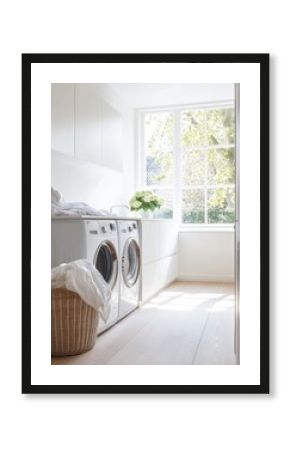 A bright, welcoming laundry room with built-in washing and drying machines, sleek cabinets, and a basket of freshly laundered clothes nearby. Generative AI