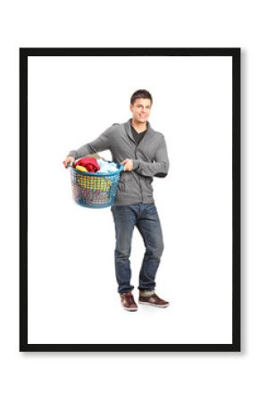 Full length portrait of a man holding a laundry basket