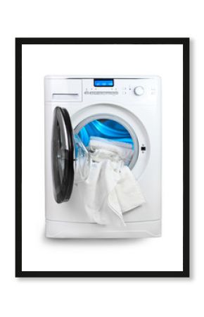 The washing machine with an open door and linen
