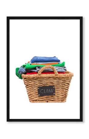 Wicker laundry basket filled with clean clothes