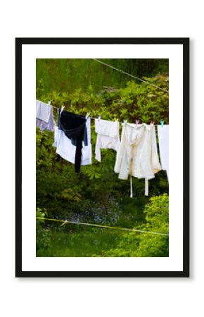 Clean laundry hanging to dry on line outdoor