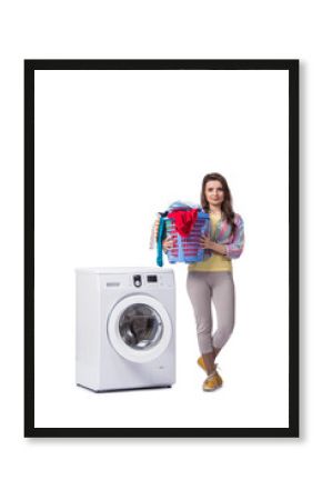 Woman tired after doing laundry isolated on white