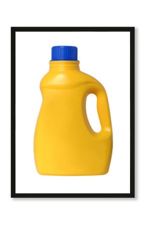 Yellow plastic Laundry detergent bottle with blue cap isolated on white background