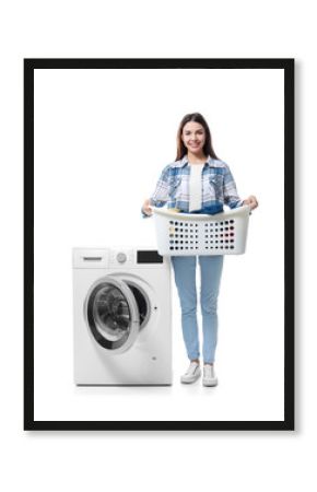 Young woman doing laundry on white background