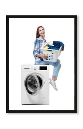 Young woman doing laundry on white background