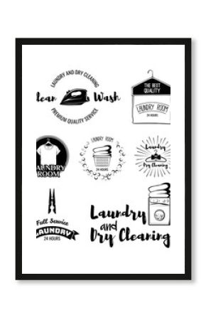  set of laundry labels, emblems and design elements. laundry set washing machine, t-shirt, basket with dirty clothes