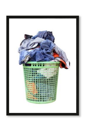 pile of dirty laundry in a washing basket, laundry basket with colorful towel, basket with clean clothes, colorful clothes in a laundry basket on white background