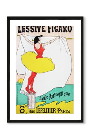 The advertising poster of laundry with woman, who hang out clothes  in the vintage book Les Maitres de L'Affiche, by Roger Marx, 1897.
