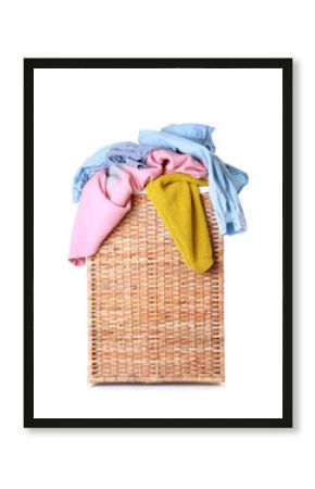 Basket with laundry on white background