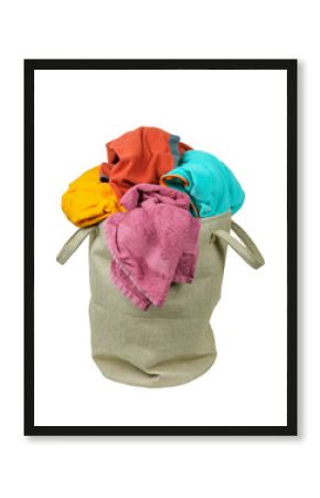 Colorful laundry in the canvas bag or basket on a white background