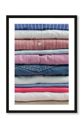 Cropped image with stack of colorful perfectly folded clothing items. Macro shot of pile of different pastel color shirts, sweaters & pants. Close up, copy space, background.