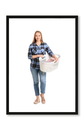 Young woman with laundry on white background