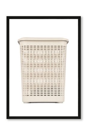 Plastic laundry basket in beige color, front view. Rectangular storage bin with woven pattern, suitable for home, laundry, or bathroom use. Isolated on a transparent background PNG.