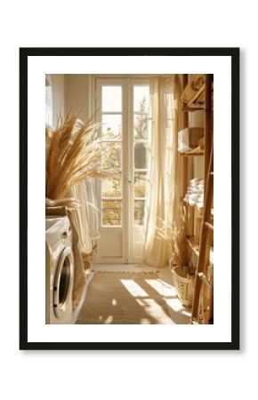Sunlit laundry room with natural decor, featuring a washing machine and shelves, creating a cozy atmosphere