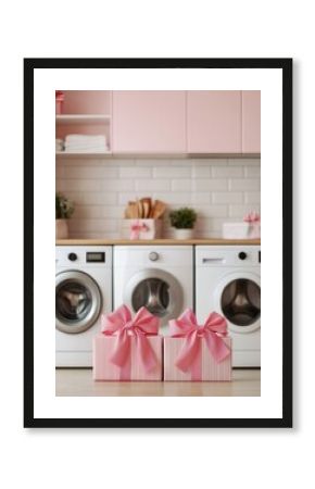 A modern laundry room featuring white washing machines, pastel pink accents, and beautifully wrapped gifts with large bows.