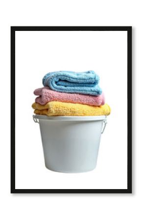 High-resolution stock photo of a pristine white laundry basket filled with fluffy pastel towels, isolated on transparent background for e-commerce and advertising.