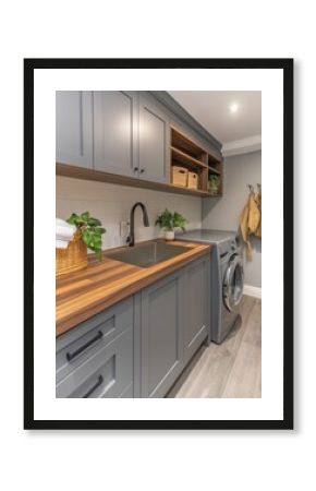 Serene laundry room interior with gray cabinets wooden countertop and modern appliances creating a functional and stylish space for household chores and organization