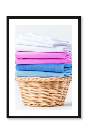 Freshly folded clothes in woven basket showcase vibrant array of colors, including white, pink, and blue. This organized stack adds cheerful touch to any laundry space