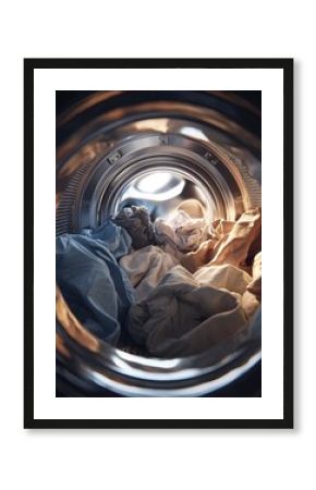 open drum of a front-loading washing machine, visible pile of mixed laundry inside the drum