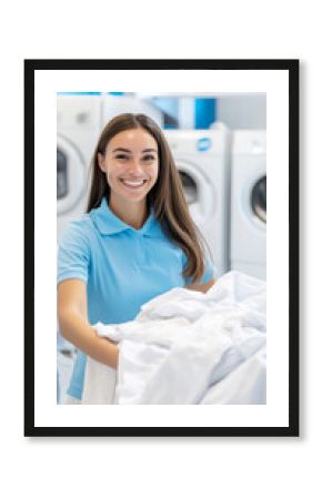 Happy customer collecting freshly laundered clothes at laundry service for a bright day