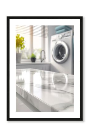 A serene view of a polished marble surface with reflections, surrounded by a tidy laundry room with natural light streaming through the window, highlighting a washing machine and potted plant.