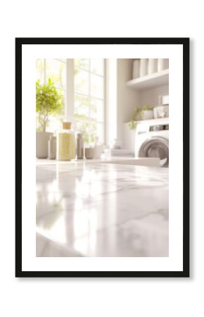 A close-up of a marble countertop in a bright laundry room, with a washing machine in the background and natural light streaming through large windows. 