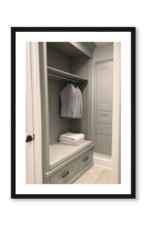 Built-in gray storage bench with hanging clothes and bedding