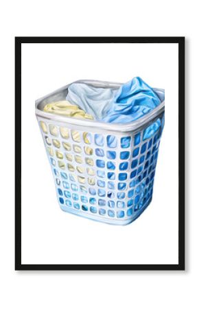 An illustration showcases a white plastic laundry basket filled with folded clothes in varying shades of blue, white, and yellow against a plain white background.