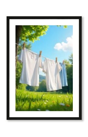 Crisp, clean linens on a clothesline billowing gently in a summer breeze  the epitome of fresh laundry drying naturally in the sun , outdoor, blue, white