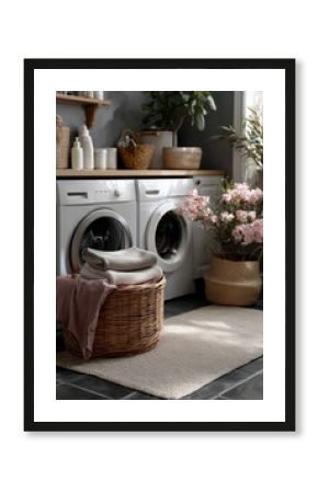 Clean and organized laundry room featuring eco-friendly products and natural decor elements