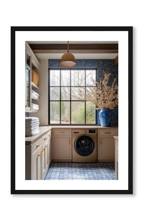 stylish laundry room featuring gold washing machine, blue floral decor, and neatly stacked towels. large window allows natural light to brighten space, creating warm
