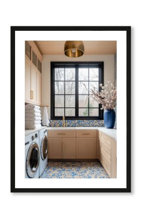 modern laundry room featuring stylish design with large window, gold accents, and neatly stacked towels. blue mosaic tiles add vibrant touch to space
